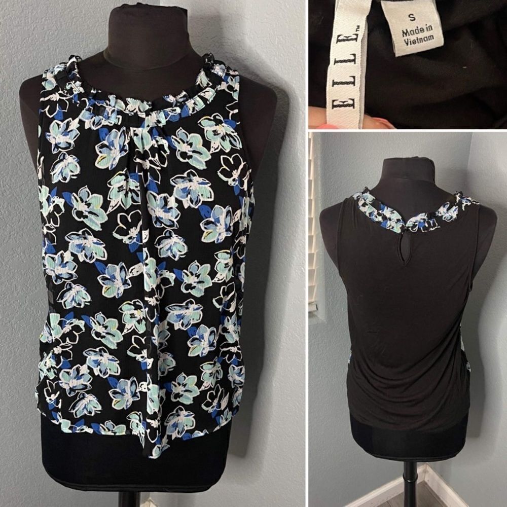 ELLE - black floral sleeveless pleat neck blouse size S